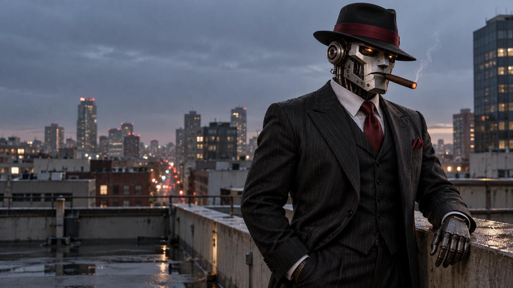 MafioBot sur un toit-terrasse au crépuscule